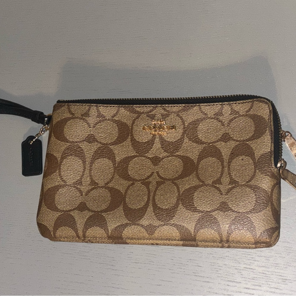 Coach Tan and Brown Signature Wristlet